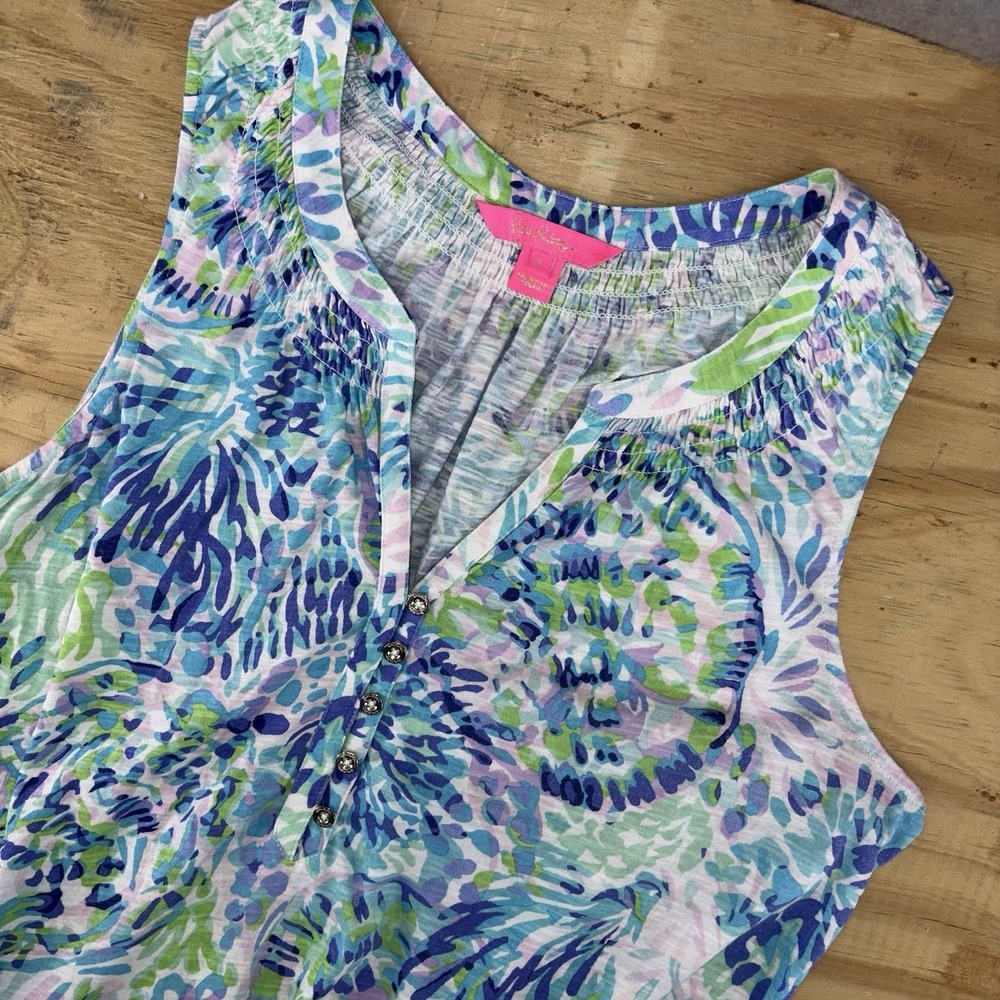 Lilly Pulitzer Essie Tank Top Womens Large Shell Of A Party Blue Green Tropical